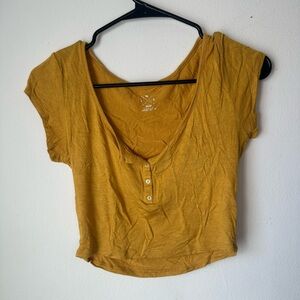 Women's Mustard Yellow Button-Front Henley Style Cropped Top